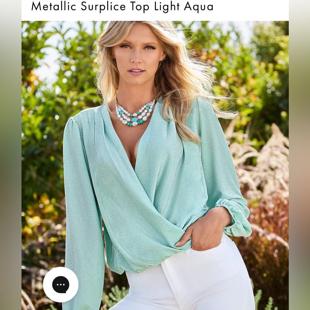 Boston Proper size M Metallic Surplice Top Light Aqua